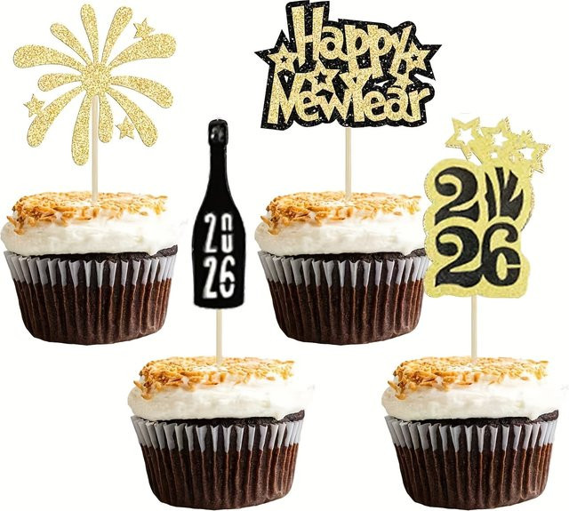 12er Set Cupcake-Topper Frohes Neues Jahr 2026 in Gold und Schwarz mit glitzerndem Feuerwerks-Design als Party-Dekoration für Kuchen und Gebäck - Bild 1