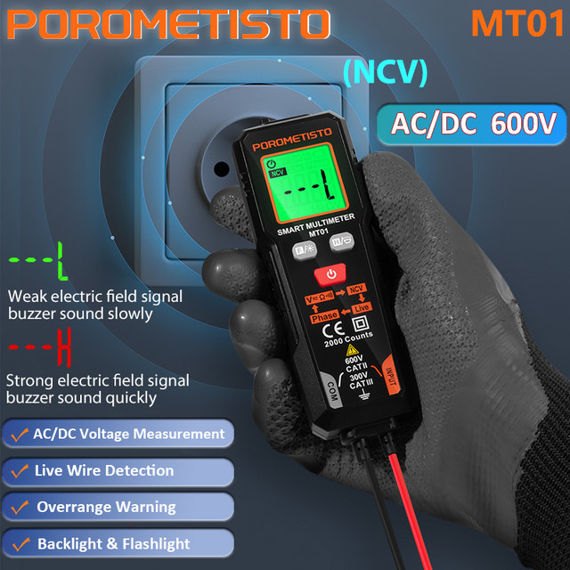 POROMETISTO Digitalmultimeter MT01 in Schwarz mit 2000 Zählungen, 600 V AC/DC-Voltmeter, automatischer Bereichswahl, NCV-Phasenfolge und Hintergrundbeleuchtung - Bild 1