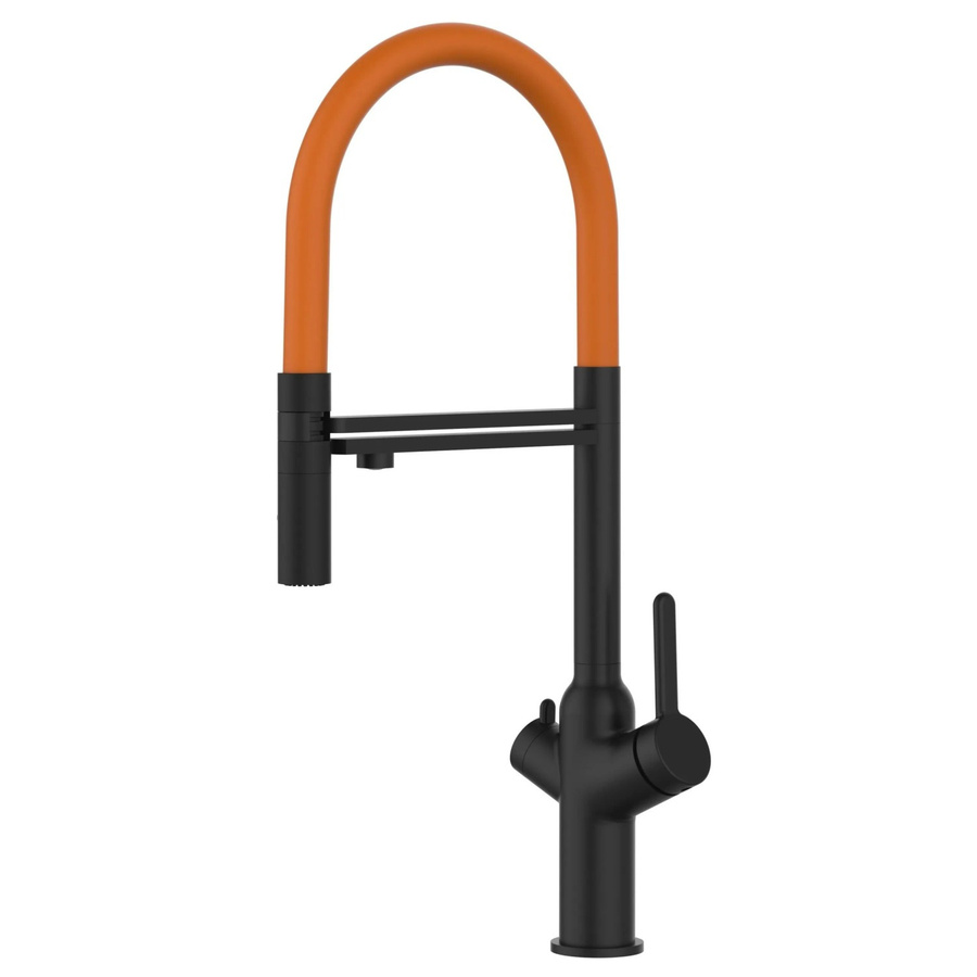 VIZIO Küchenarmatur mit 4-Wege-Wasserhahn, Einhebelmischer mit 360 Grad schwenkbarem Auslauf und abnehmbarer 2-Strahl Handbrause, Schwarz Matt mit Orange - Bild 2