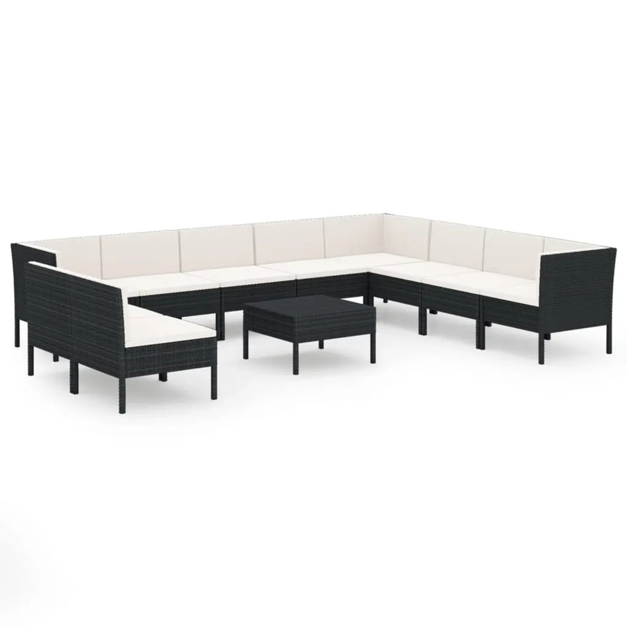 vidaXL 11-tlg Garten-Lounge-Set in U-Form mit Auflagen und Couchtisch, Poly Rattan und Metall, Schwarz und Weiß - Bild 2