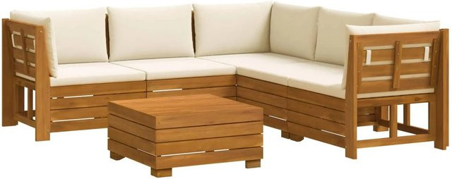 vidaXL Outdoor-Sofagarnitur aus Akazie Massivholz in Braun mit Kissen und Tisch, L-Form, 6-teiliges Set - Bild 1