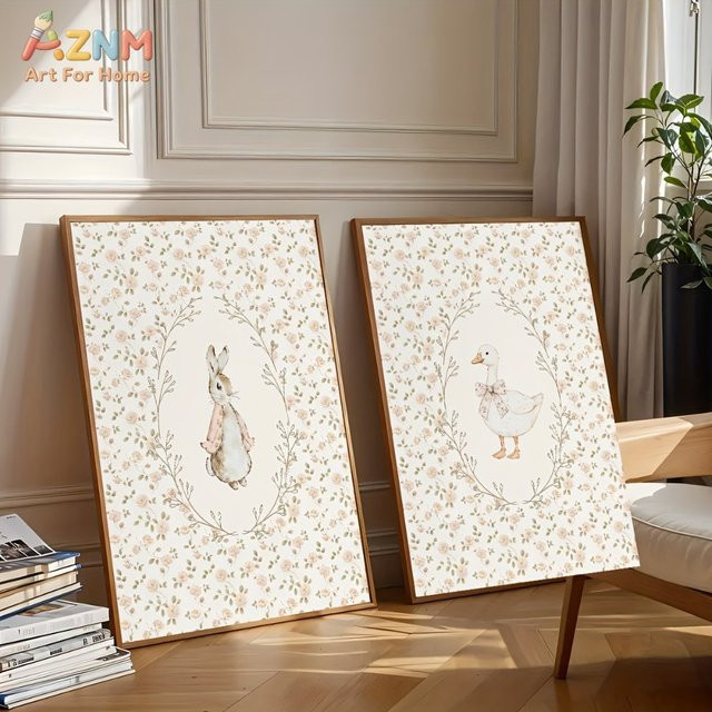 AZNM Vintage Peter Rabbit & Goose Leinwanddruck mit Blumenmuster in Zartrosa und Mehrfarbig für das Kinderzimmer - Bild 1
