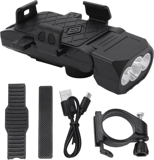 TOMTOP 4 in 1 Multifunktionales Fahrradlicht Set mit Powerbank, Hupe und Handyhalterung in Schwarz mit USB-C Anschluss - Bild 1