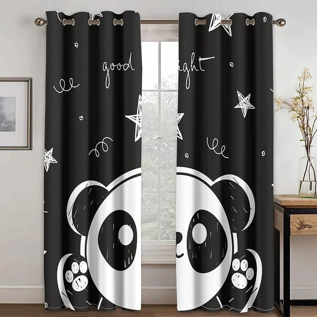 Verdunkelungsvorhang mit süßem Panda-Design für Kinderzimmer und Wohnzimmer, Schwarz-Weiß, B: 55 cm, H: 120 cm - Bild 1