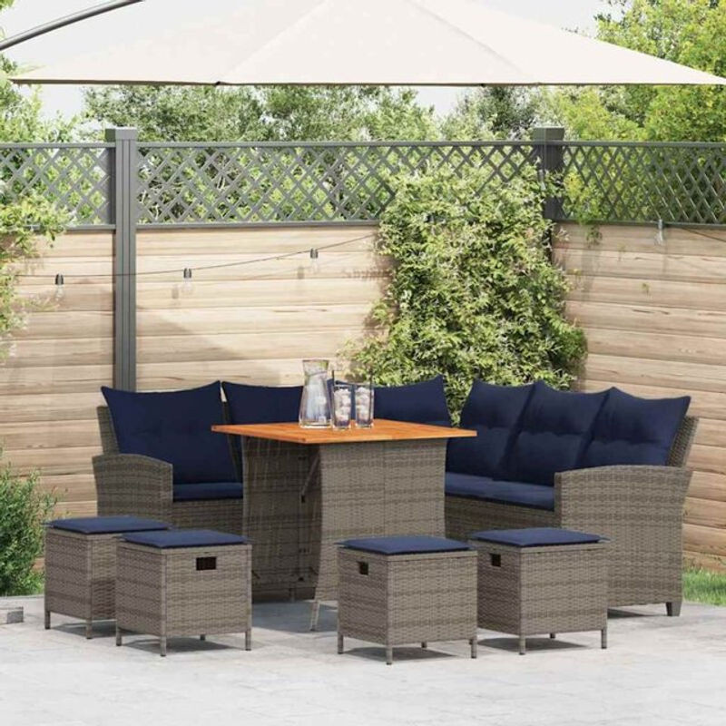 Vidaxl 6-tlg. Garten-Sofagarnitur in L-Form aus Polyrattan mit Kissen in Grau und Blau - Bild 1