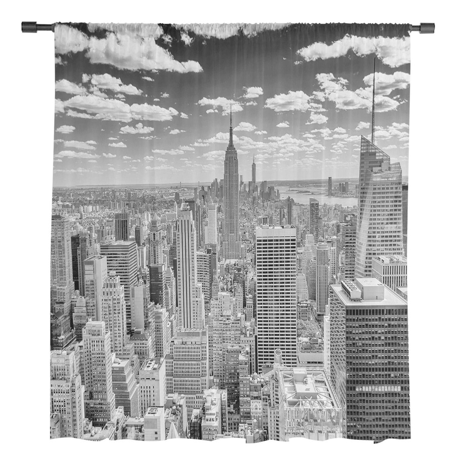 Grauer transparenter Voile-Vorhang mit New York City-Motiv und Ösen, moderner Tüllvorhang für Wohnzimmer, Küche oder Schlafzimmer, Breite: 100 cm, Höhe: 250 cm - Bild 1