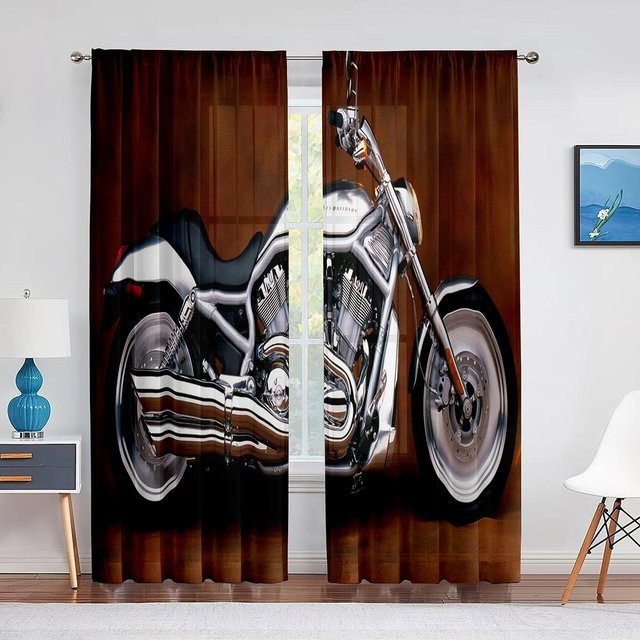 Binchi Outdoor Equipment Transparente Voilegardine mit Motorrad-Motiv in Schwarz, Breite: 100 cm, Höhe: 250 cm - Bild 1