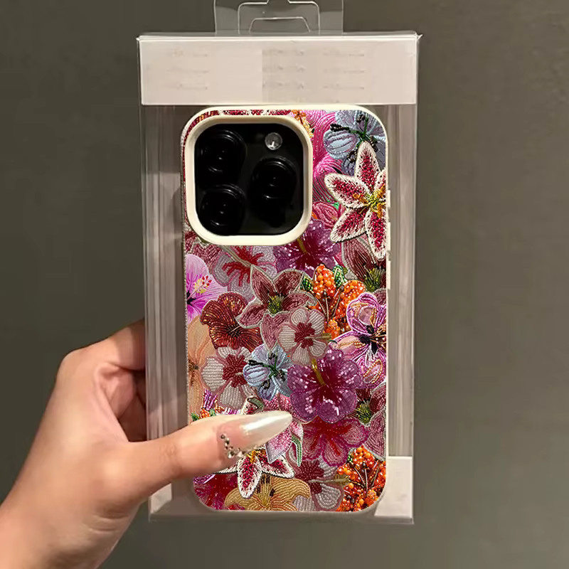 Luxuriöse Silikon-Handyhülle mit Perlen-Blumen-Design und Litschi-Textur für Apple iPhone 17 16 15 14 13 12 11 Pro Max Plus in Multicolour - Bild 3