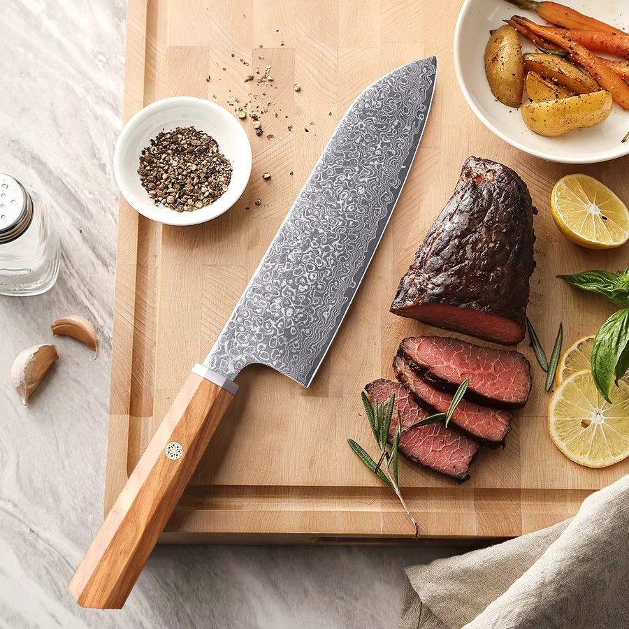 HUAYIGRAND Santoku-Messer aus 67-Lagen-Damaszenerstahl mit Olivenholzgriff, 7 Zoll, Braun - Bild 3