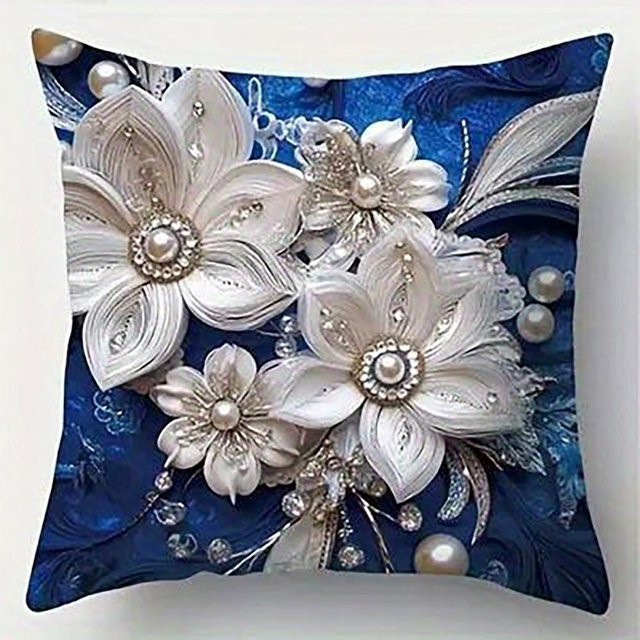 JMG Clothing Kissenbezug Blau mit floralem Design, Perlen und Kristallen, B/B: 50 x 50 cm - Bild 1
