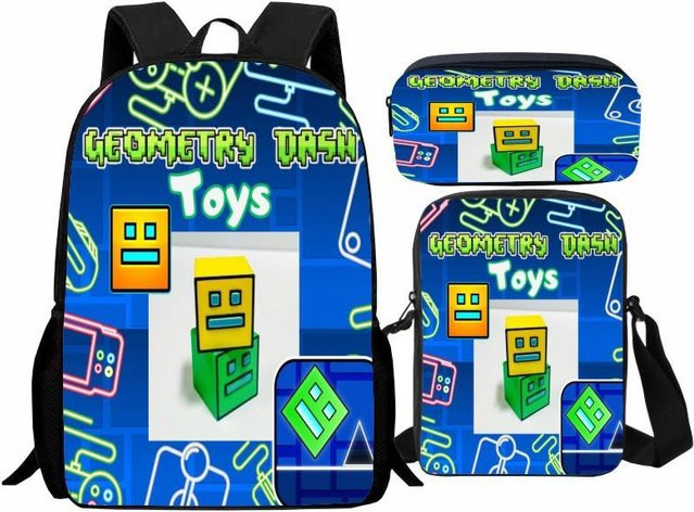 Geometry Dash Schülerrucksack 3-teiliges Set von Fancy Style Studio in Multicolour mit Umhängetasche und Federtasche - Bild 1