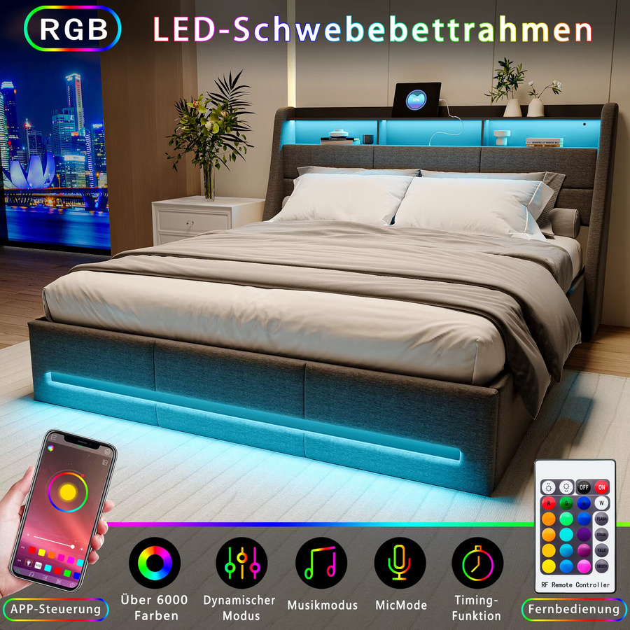 Fangange Gepolstertes Doppelbett mit Stauraum und RGB-LED in Grau, B/T/H: 160 x 200 cm, mit hydraulischem Gaslift, USB-Ladefunktion und Kopfteil-Regal - Bild 5