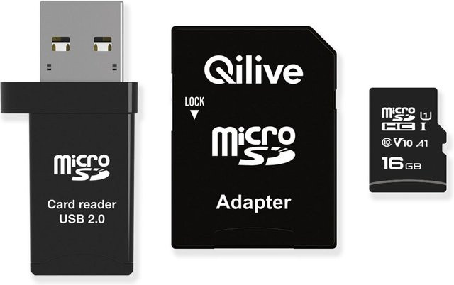 Qilive microSDHC Speicherkarte 16GB Klasse 10 mit Kartenleser und Adapter in Schwarz - Bild 1