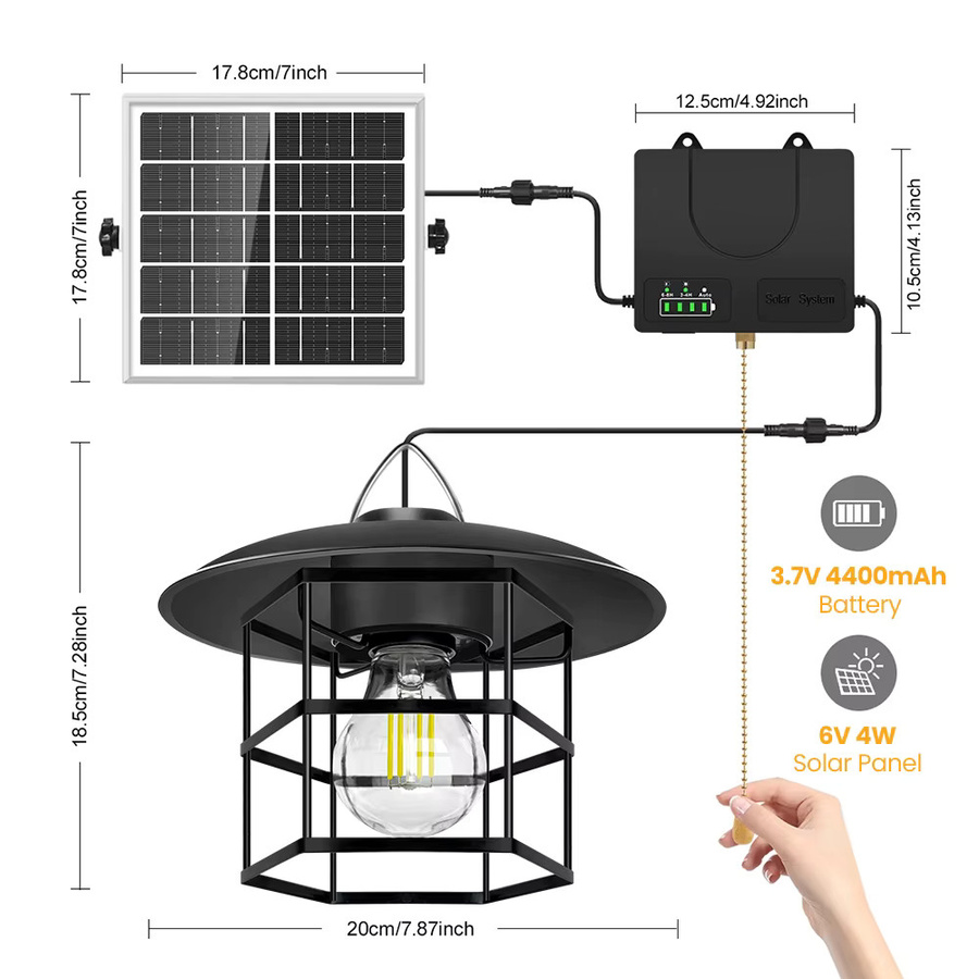Vintage Solar-Schuppenleuchte in Schwarz mit Zugkettenschalter, IP65 wasserdichte Hängelampe aus Metall für Scheune und Pavillon - Bild 3