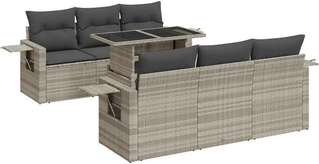 vidaXL 7-tlg. Garten-Sofagarnitur in L-Form aus Poly Rattan mit Kissen, Hellgrau - Bild 1
