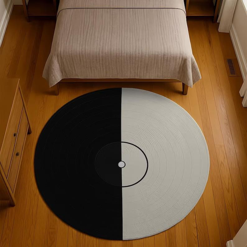 Runder Teppich im Schallplatten-Design von Lodestar, Schwarz-Weiß, Durchmesser: 40 cm - Bild 2