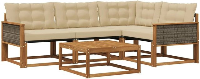vidaXL Outdoor-Sofagarnitur L-Form aus massivem Akazienholz mit Textilene und 5 Kissen in Natur-Beige - Bild 1