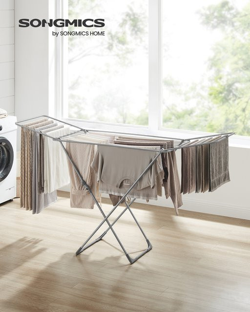 SONGMICS Wäscheständer aus Metall in Schwarz, klappbarer Flügelwäscheständer mit ausklappbaren Flügelarmen für Innen und Außen, B/T/H: 182,0 x 102,5 x 0 cm - Bild 1