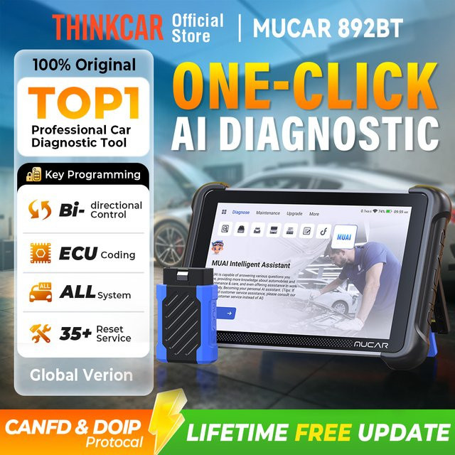 MUCAR 892BT Schlüsselprogrammiergerät AI Kfz-Diagnosetool mit bidirektionalem OBD2-Scanner, ECU-Codierung, CANFD und DOIP, 35 Reset-Funktionen, Farbe: Schwarz - Bild 1