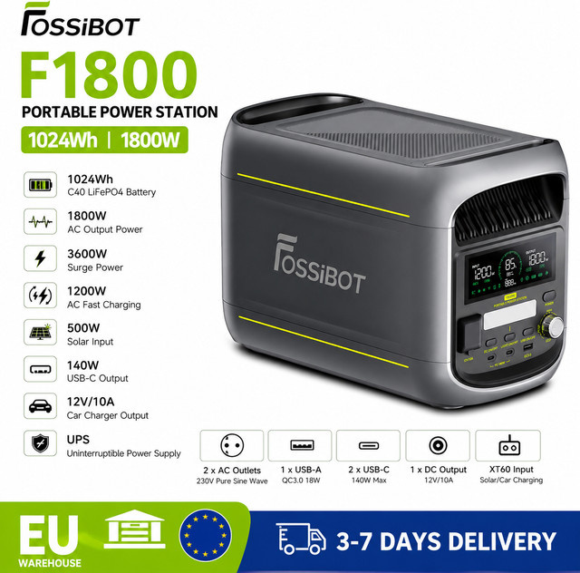 FOSSiBOT F1800 Tragbare Powerstation in Grau mit 1024Wh LiFePO4, 1800W AC-Ausgang, App-Steuerung und Multi-Port USB/Type-C/Auto-Ausgang - Bild 1