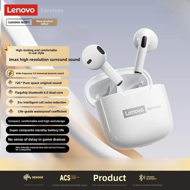Lenovo LE201 Drahtlose In-Ear Kopfhörer mit Bluetooth 6.0, ENC Anrufgeräuschunterdrückung und Surround-Sound in Weiß - Bild 1