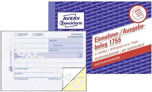 Avery Zweckform Einnahme- und Ausgabebeleg Formular 1755 DIN A6 quer, 40 Blatt, weiß und gelb - Bild 1