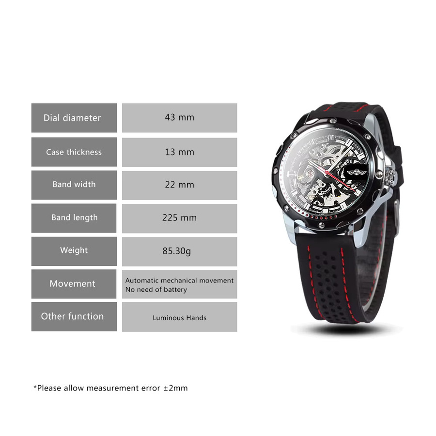 WINNER Armbanduhr, Automatik, Edelstahl, Kautschukarmband, Herren, Schwarz - Bild 6