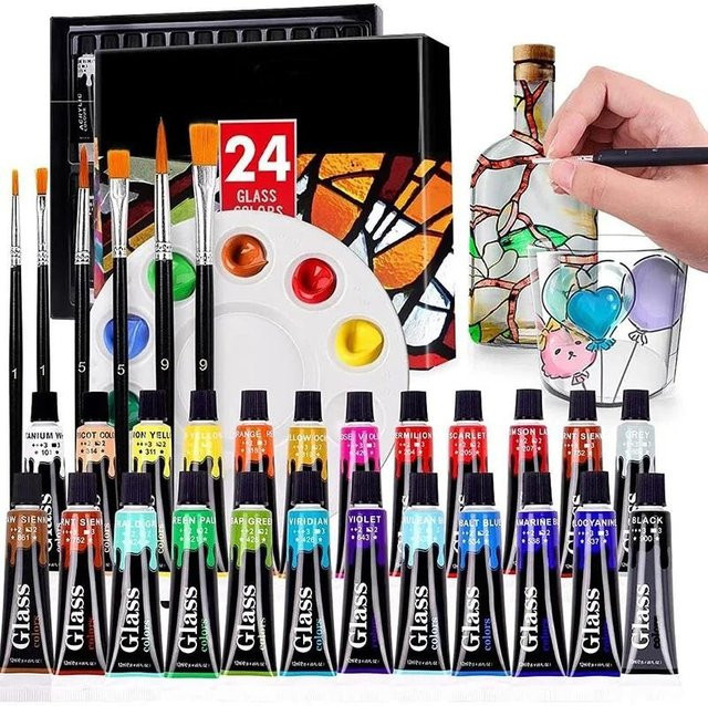 Acrylfarben Set mit Glas, Pinseln und Palette in Multicolour, wasserfeste Pigmente für Keramik und Kunstbedarf, 24 Farben à 12 ml - Bild 1