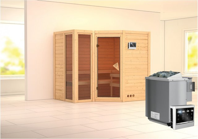 Karibu Bio-Sauna Amalia aus Massivholz in Natur mit BioKombiofen 9,0 kW und externem Steuergerät, Farbe: Braun, B/T/H: 236 x 198 x 212 cm - Bild 1