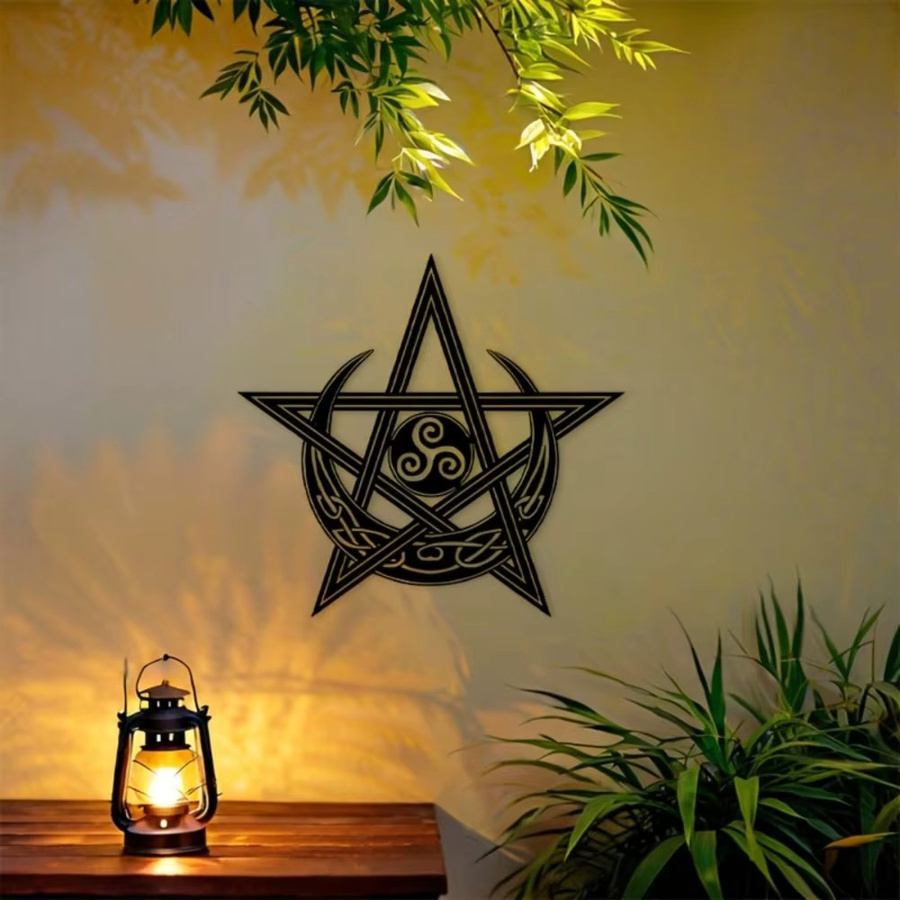 CIFBUY Metall Wandkunst Keltischer Knoten Triquetra Stern und Mondzeichen in Schwarz als geometrische Hängedekoration für Innen und Außen - Bild 5