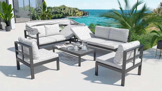 OUTFLEXX Gartenlounge 5-teilig aus Aluminium in Schwarz und Grau mit Polsterkissen und wetterfestem Polyester - Bild 1