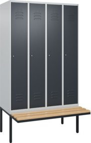C+P Spind Classic PLUS Garderobenschrank mit Sitzbank, 4 Abteile, B/T/H: 212 x 120 x 81,5 cm, Zylinderschloss, 4 Garderobenhaken, mittige Trennwand, auskragende Sitzbank, Farben: Grau, Anthrazit, Schwarz - Bild 1