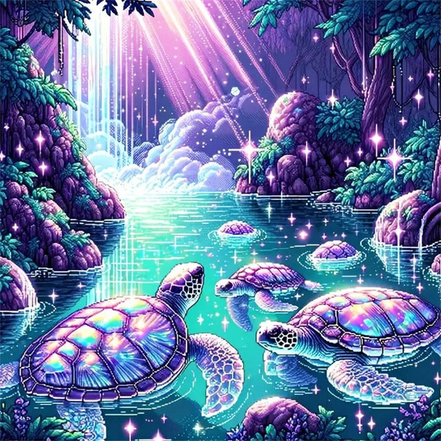 EverShine Diamantmalerei Set Meeresschildkröte in lila Cartoon-Landschaft mit Wasserfall als Wanddekoration - Bild 1