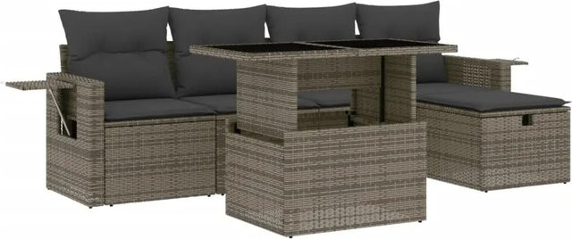 vidaXL 6-teilige Garten-Sofagarnitur in L-Form aus Polyrattan in Grau mit Kissen und Couchtisch - Bild 1