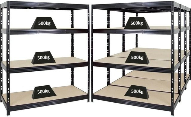 PROREGAL Rhino Profi Schwerlastregal Set aus 4 Einheiten, Schwarz, H x B x T: 180 x 160 x 60 cm, mit 4 verstellbaren MDF-Holzplatten pro Regal, Fachlast 500 kg - Bild 1