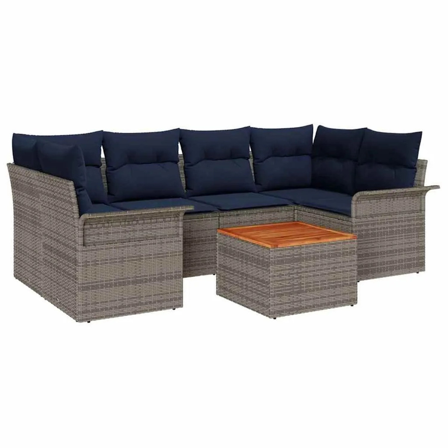 vidaXL Gartensofa-Set aus Poly-Rattan in Grau und Marineblau mit 7 Teilen und Polsterkissen - Bild 2