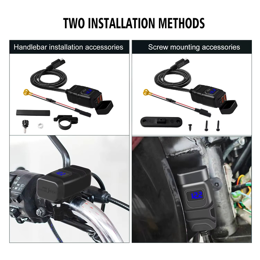 Universal 12V Motorrad USB Ladegerät mit USB-A und USB-C Schnellladefunktion, Digitales Netzteil für Motorrad Zubehör in Schwarz und Blau - Bild 4