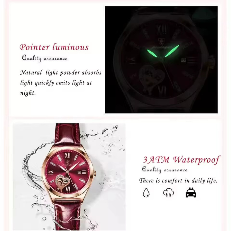 POEDAGAR Armbanduhr, Quarz, Leder, Roségold, Damen, Datum - Bild 4
