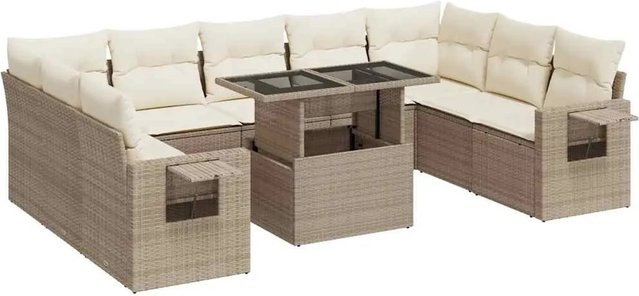 vidaXL 10-tlg. Garten-Sofagarnitur in L-Form mit Kissen und Couchtisch, Beige, Poly-Rattan mit Metallgestell - Bild 1