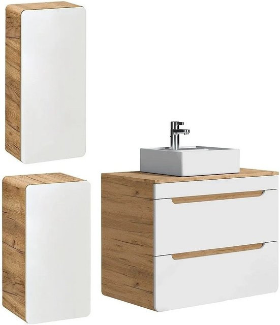 Vente-unique Badmöbel-Set Aruba in Naturfarben Hell und Weiß mit Waschbeckenunterschrank und Aufsatzwaschbecken, Breite: 80 cm - Bild 1