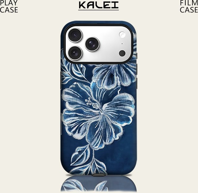 Robuste doppelschichtige Handyhülle mit Blumenmuster von Potdemiel für iPhone 17 16 15 14 13 Pro Max Plus, Marineblau und Weiß, magnetisch kompatibel - Bild 1
