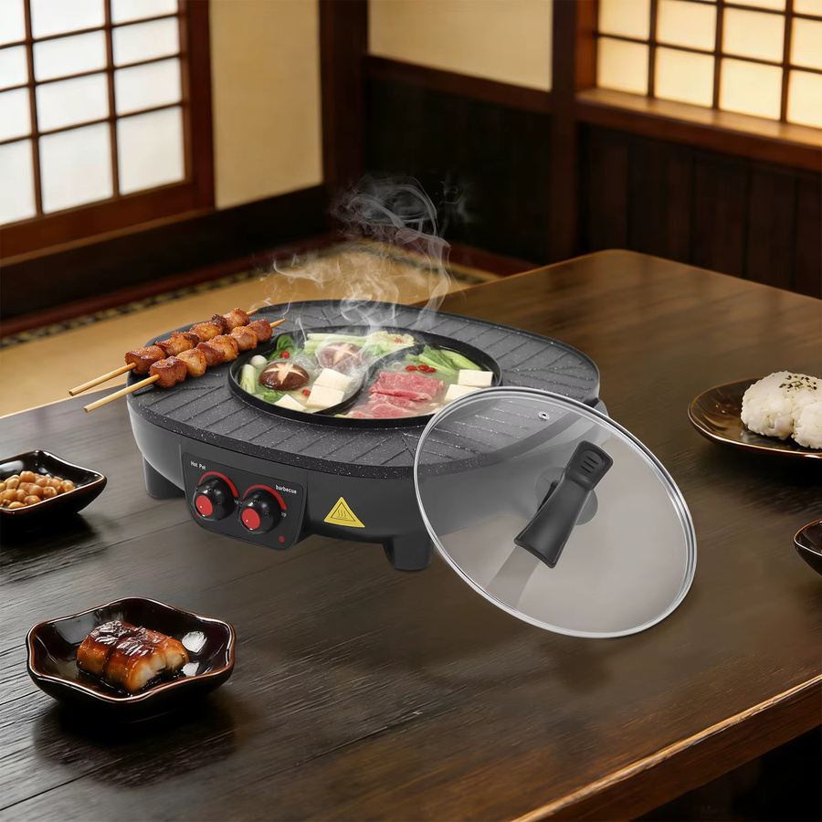 Bymaocar 2-in-1 Elektrischer Hot Pot und Raclette-Grill mit 3L Fassungsvermögen, 2200W, Schwarz - Bild 3