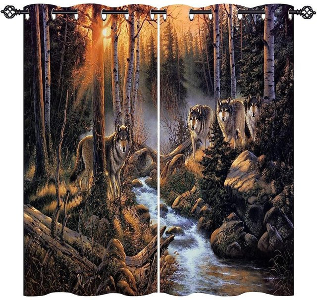 2er-Set Wolf-Vorhänge mit Mond-Motiv von A Family Of Home Textiles, transparent, mehrfarbig, B: 100 cm, H: 220 cm - Bild 1