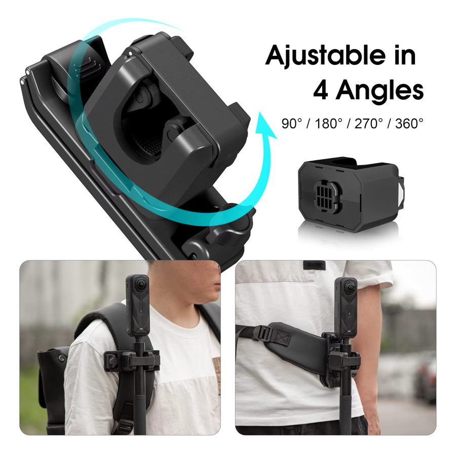 Selfie-Stick-Halterung als Rucksackgurt-Clip für Insta360 X4 X5 Air Go Ultra und DJI Osmo Action in Schwarz - Bild 5