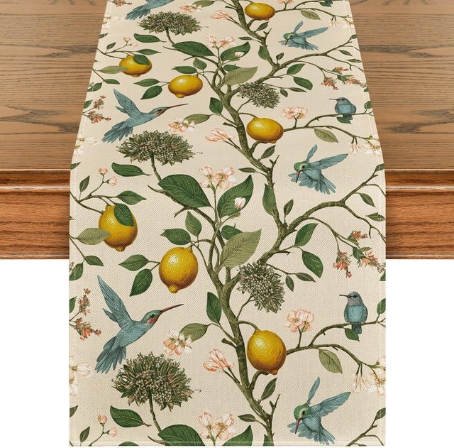 JINGYUE Pet Tischläufer aus Leinen mit Zitronenbaum und Blumen-Motiv in Grau, B/L: 150 x 33 cm - Bild 1