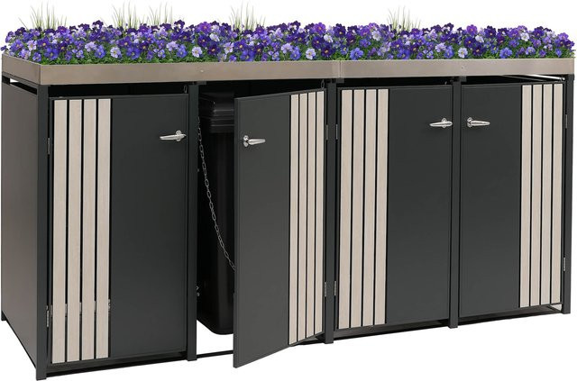 MCW 4er-Mülltonnenverkleidung O67 Mülltonnenbox mit Pflanzkasten aus Metall in Anthrazit Holzoptik hell, B/T/H: 260 x 125 x 84 cm - Bild 1