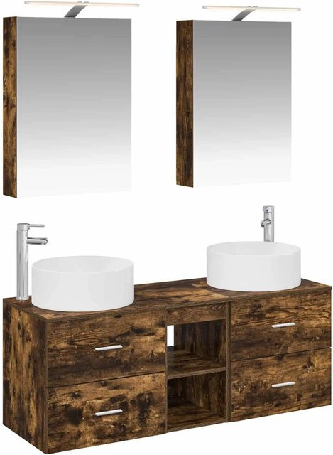 vidaXL Badezimmermöbel-Set 5-teilig in Geräucherte Eiche, modern mit Waschtischunterschrank, Wandunterschrank und Spiegelschrank mit LED-Beleuchtung, Braun - Bild 1