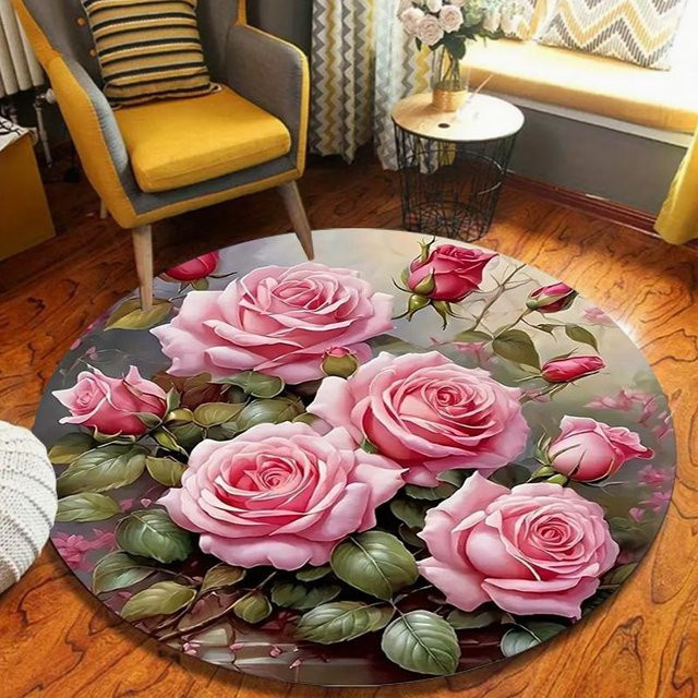 Runder Teppich mit Rosenmuster von Rouxin nine in Schwarz, Rutschfest und Waschbar, Durchmesser: 60 cm - Bild 1