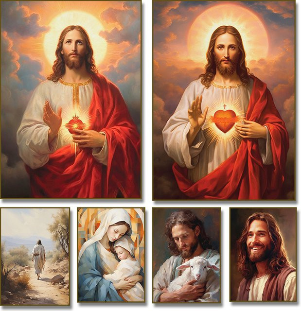 Vintage Wandkunst Poster von Potdemiel mit Heiliges Herz Jesu, Heilige Familie und Jungfrau Maria in Mehrfarbig, B/H: 25 x 25 cm - Bild 1