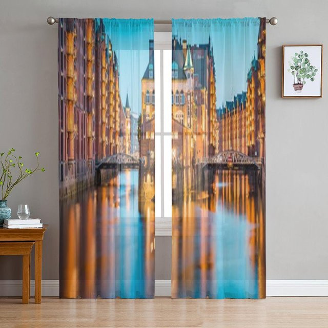 Super Six Transparente Voile-Organza-Vorhänge mit Sonnenuntergangshimmel-Motiv in Braun und Multicolour, Breite: 135 cm, Höhe: 114 cm - Bild 1